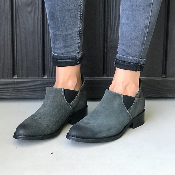Gray Genuine Leather Burnished Toe Ankle Booties - Picture 3 of 7